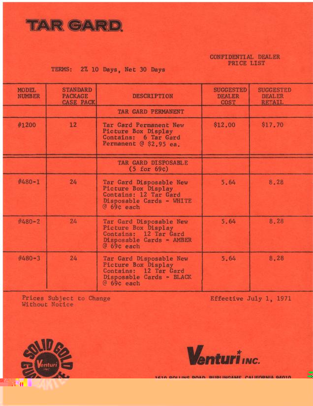 TAR GARD Confidential Dealer Price List